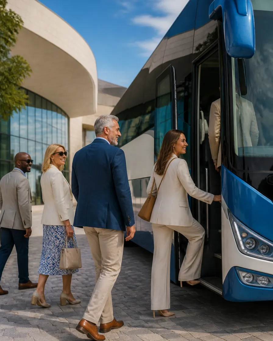 Travellers boarding a private coach outside an event venue